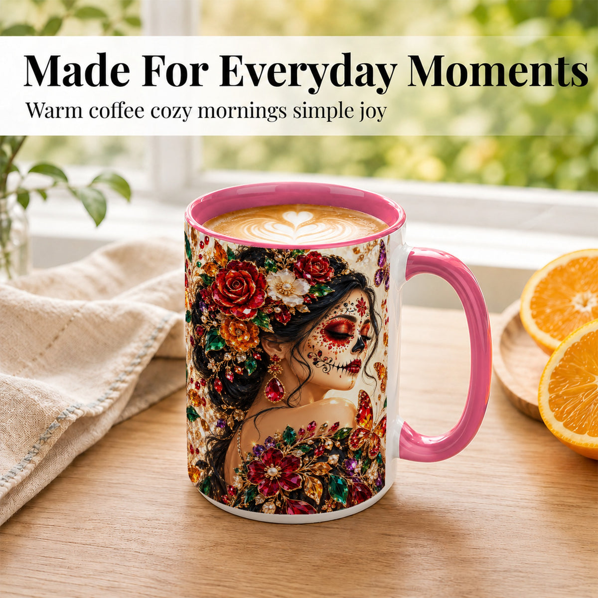 #pl[15oz|Pink] Floral Face Art Coffee Mug, Jeweled Rose Mug, Ceramic Cup