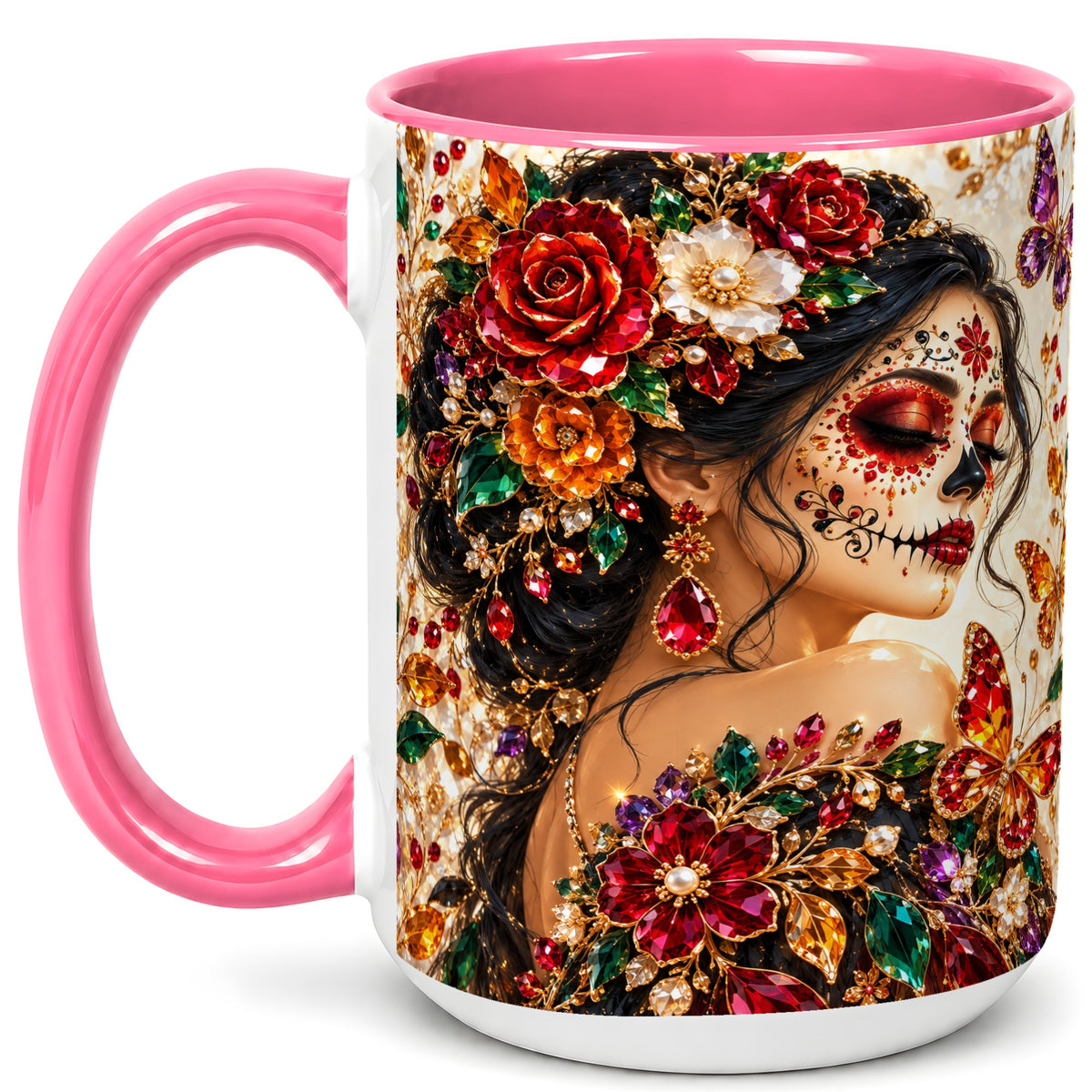 #pl[15oz|Pink] Floral Face Art Coffee Mug, Jeweled Rose Mug, Ceramic Cup