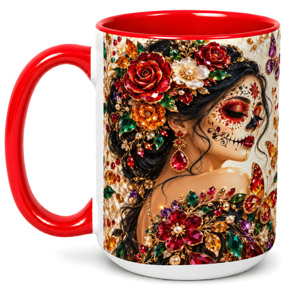 #pl[15oz|Red] Floral Face Art Coffee Mug, Jeweled Rose Mug, Ceramic Cup
