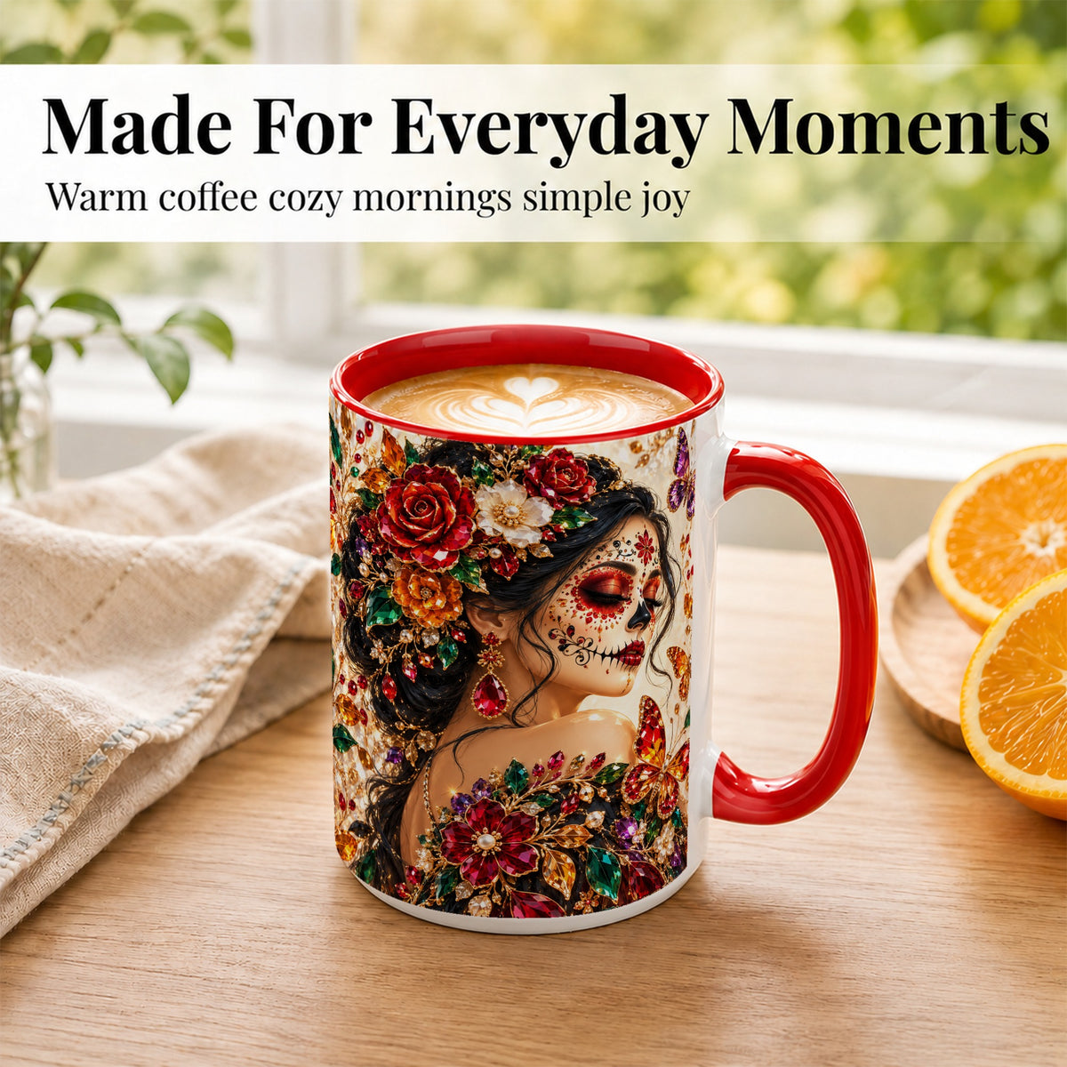 #pl[15oz|Red] Floral Face Art Coffee Mug, Jeweled Rose Mug, Ceramic Cup
