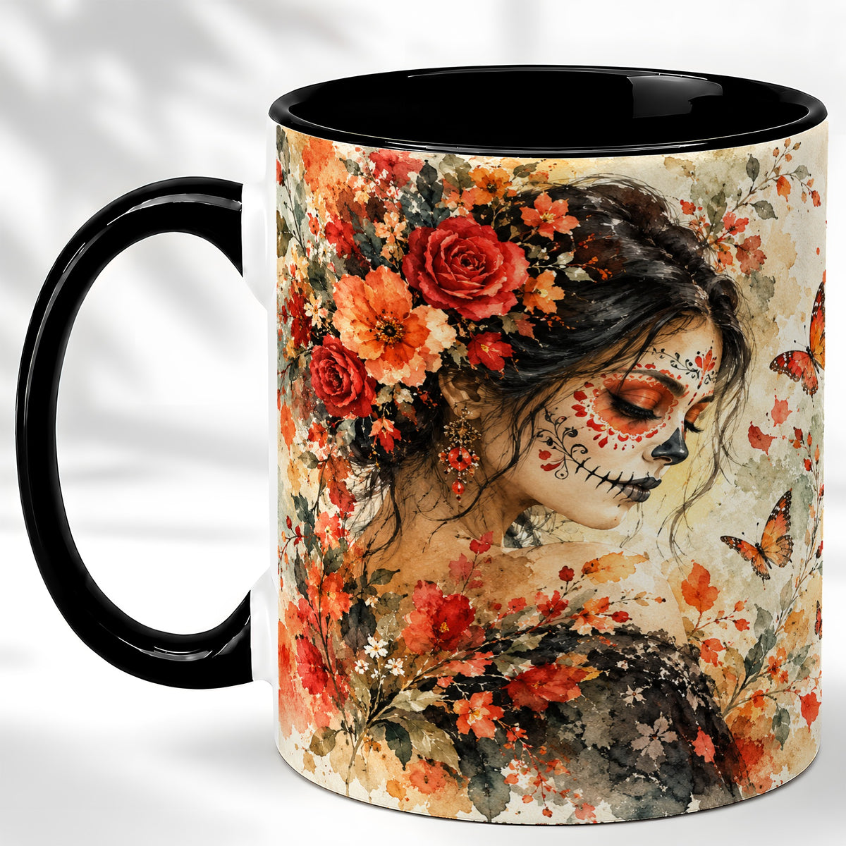 #pl[11oz|Black] Floral Face Art Coffee Mug, Watercolor Rose Mug, Ceramic Cup