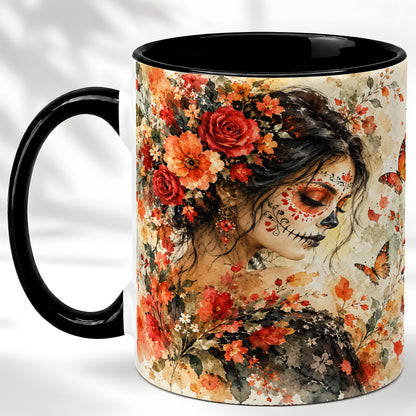 #pl[11oz|Black] Floral Face Art Coffee Mug, Watercolor Rose Mug, Ceramic Cup