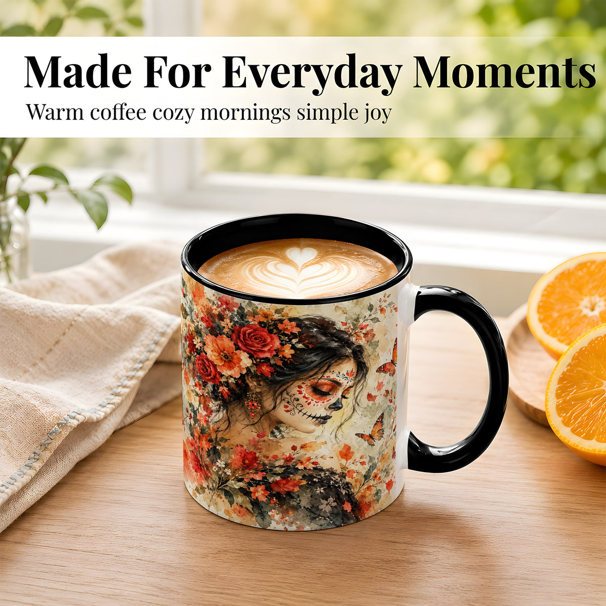 #pl[11oz|Black] Floral Face Art Coffee Mug, Watercolor Rose Mug, Ceramic Cup