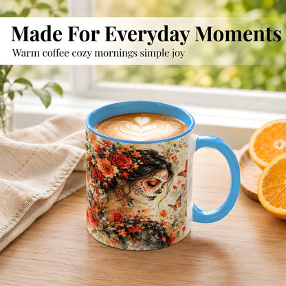#pl[11oz|Blue] Floral Face Art Coffee Mug, Watercolor Rose Mug, Ceramic Cup