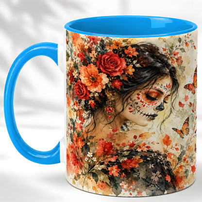 #pl[11oz|Blue] Floral Face Art Coffee Mug, Watercolor Rose Mug, Ceramic Cup