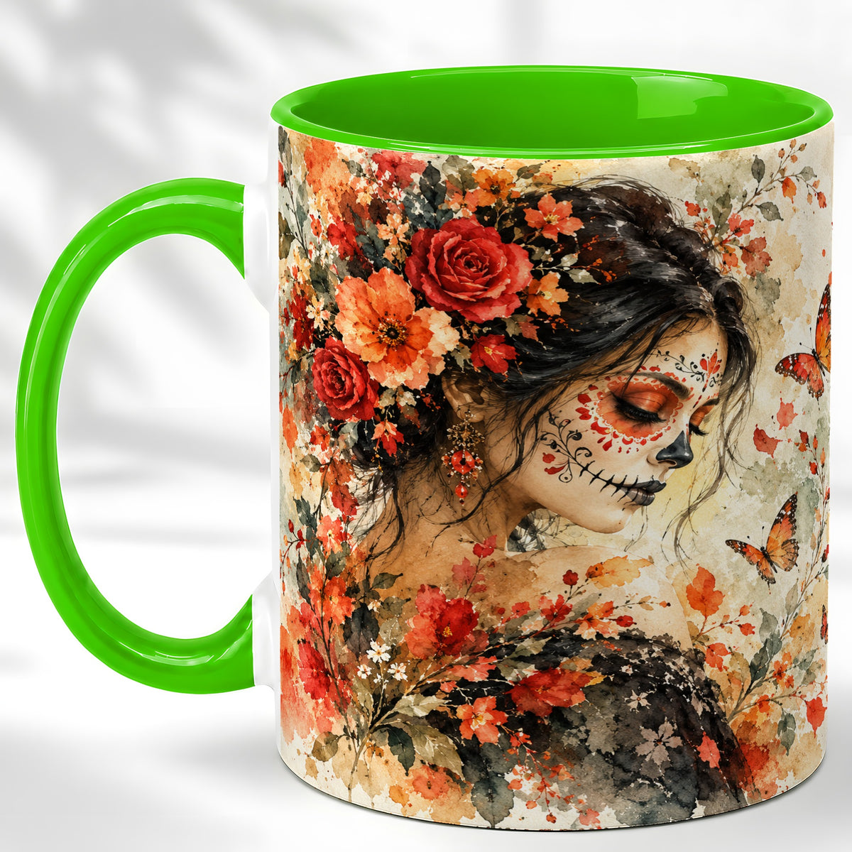 #pl[11oz|Green] Floral Face Art Coffee Mug, Watercolor Rose Mug, Ceramic Cup