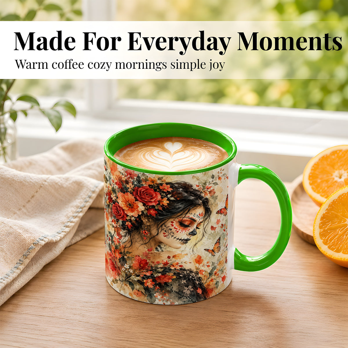 #pl[11oz|Green] Floral Face Art Coffee Mug, Watercolor Rose Mug, Ceramic Cup