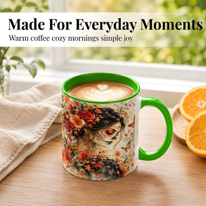#pl[11oz|Green] Floral Face Art Coffee Mug, Watercolor Rose Mug, Ceramic Cup