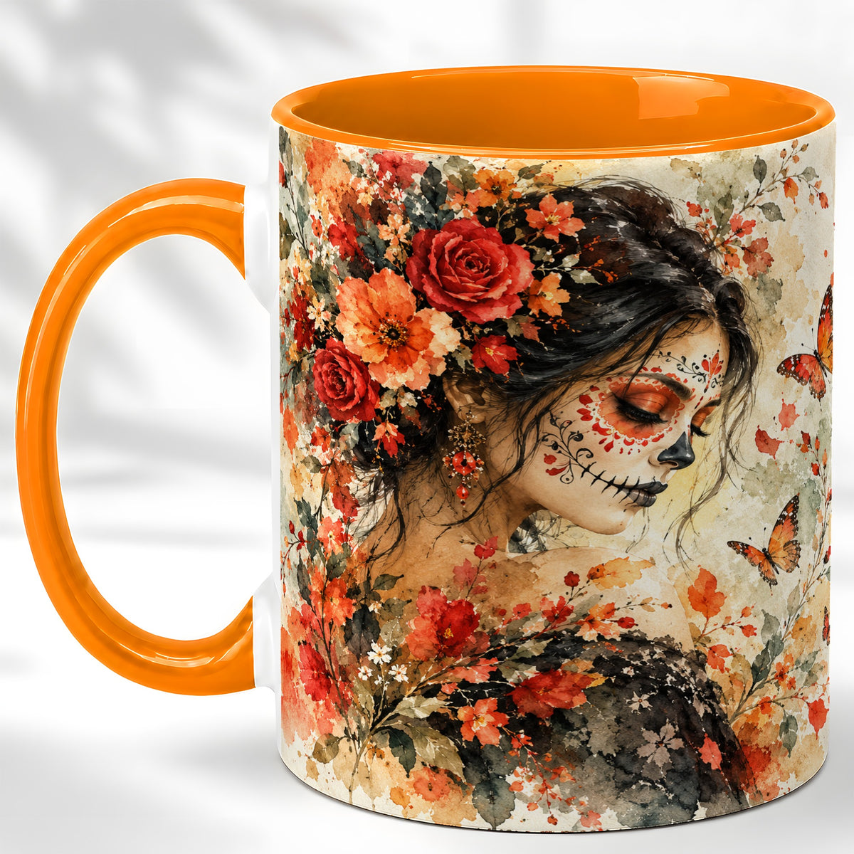 #pl[11oz|Orange] Floral Face Art Coffee Mug, Watercolor Rose Mug, Ceramic Cup
