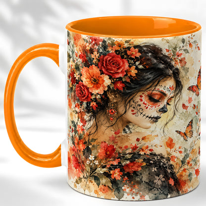 #pl[11oz|Orange] Floral Face Art Coffee Mug, Watercolor Rose Mug, Ceramic Cup