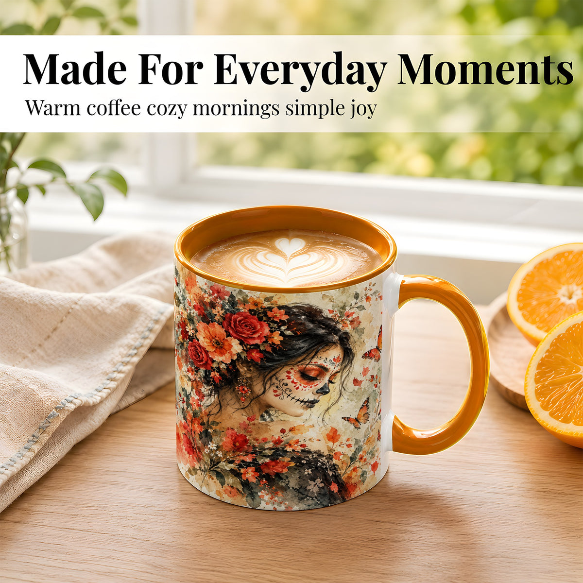 #pl[11oz|Orange] Floral Face Art Coffee Mug, Watercolor Rose Mug, Ceramic Cup