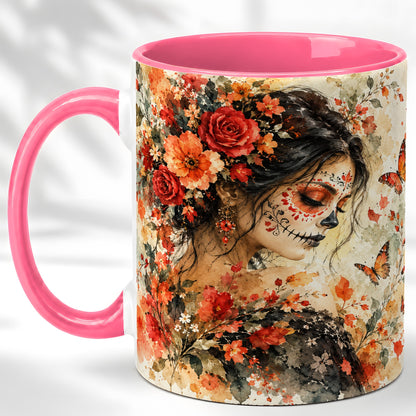 #pl[11oz|Pink] Floral Face Art Coffee Mug, Watercolor Rose Mug, Ceramic Cup