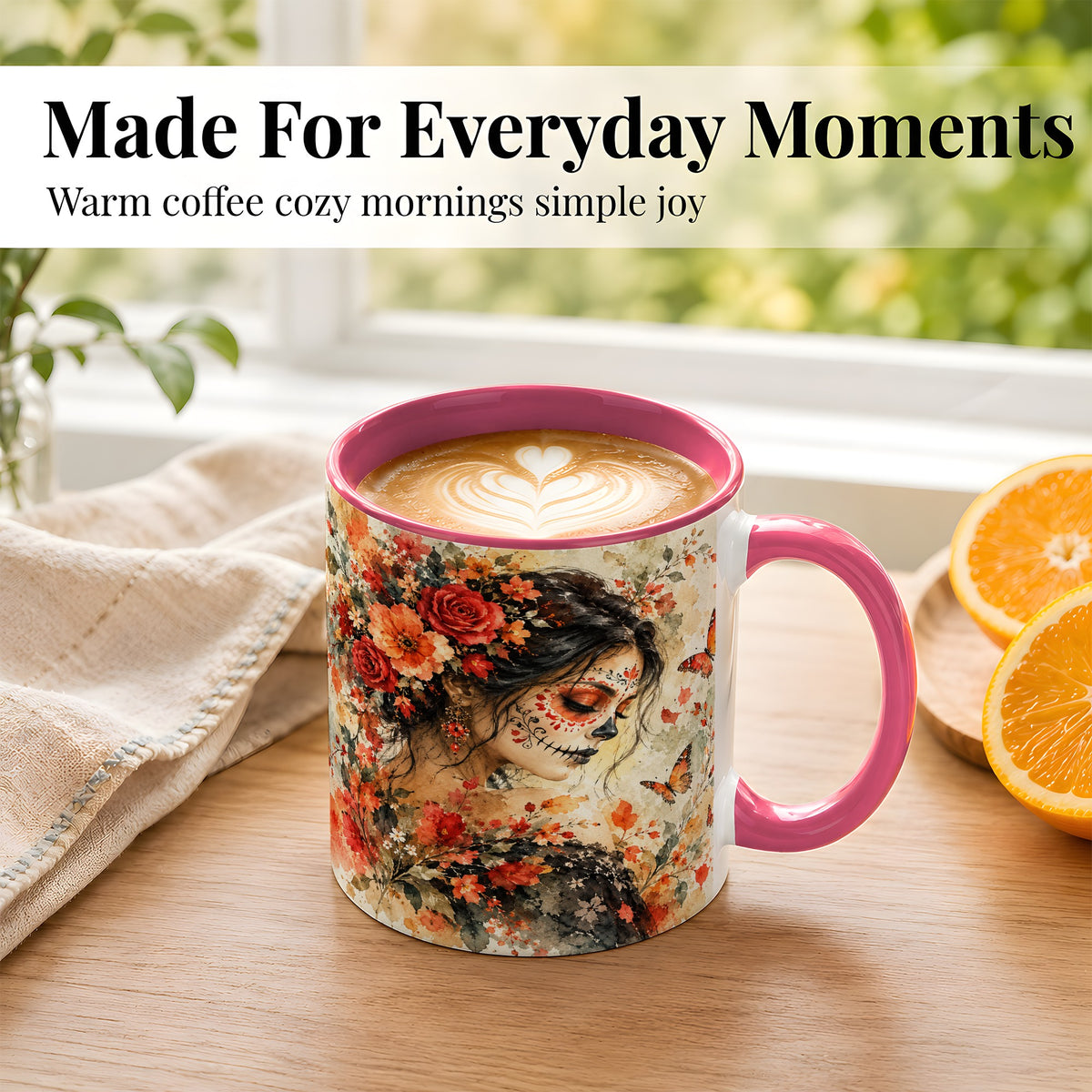 #pl[11oz|Pink] Floral Face Art Coffee Mug, Watercolor Rose Mug, Ceramic Cup