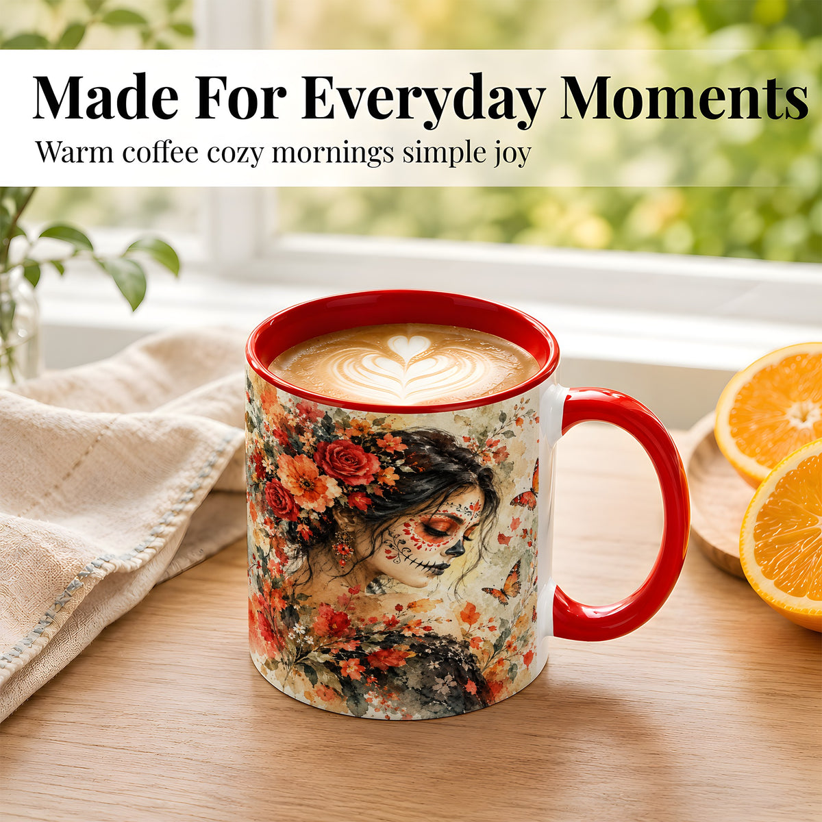 #pl[11oz|Red] Floral Face Art Coffee Mug, Watercolor Rose Mug, Ceramic Cup