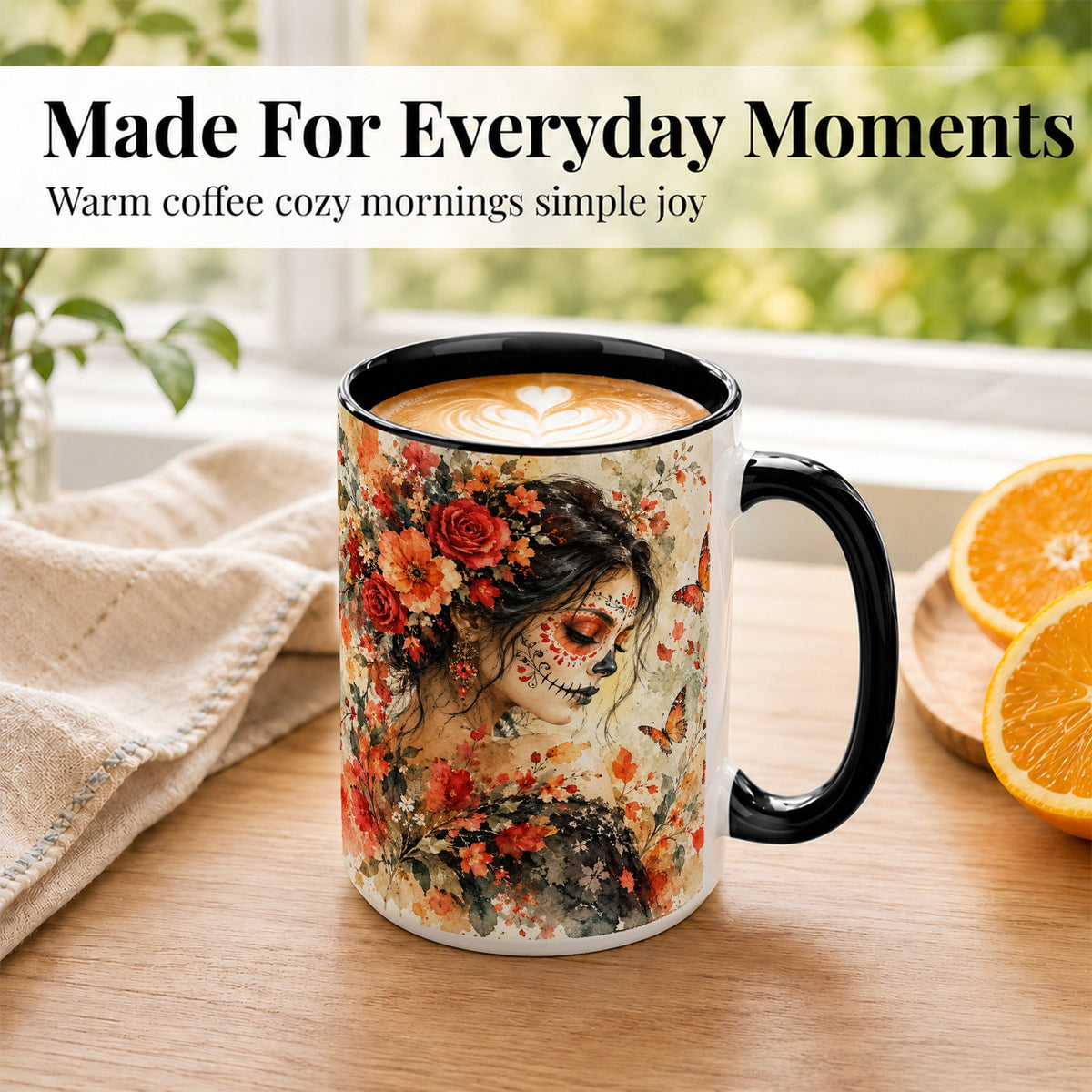 #pl[15oz|Black] Floral Face Art Coffee Mug, Watercolor Rose Mug, Ceramic Cup