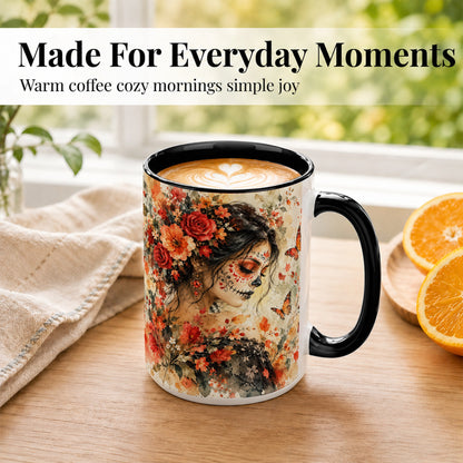 #pl[15oz|Black] Floral Face Art Coffee Mug, Watercolor Rose Mug, Ceramic Cup