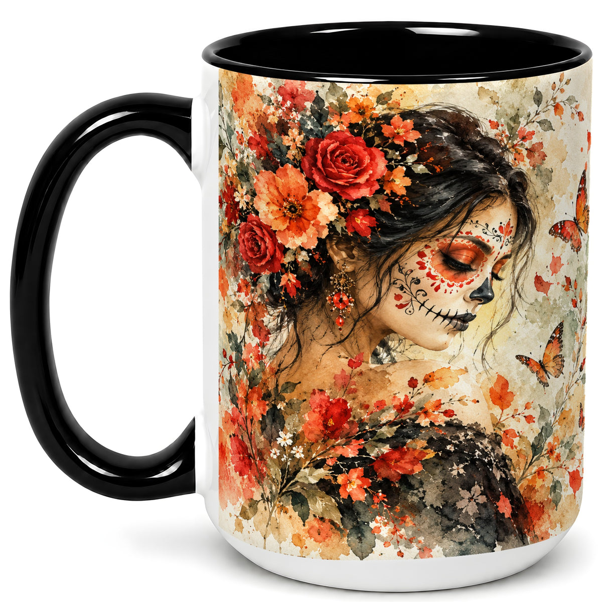 #pl[15oz|Black] Floral Face Art Coffee Mug, Watercolor Rose Mug, Ceramic Cup