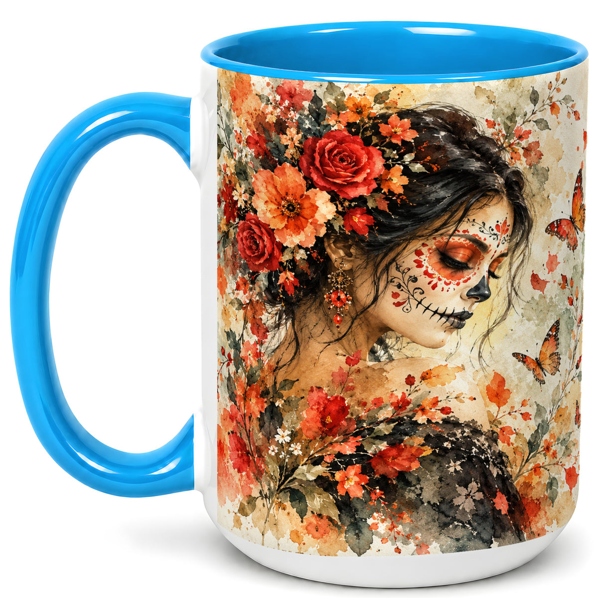 #pl[15oz|Blue] Floral Face Art Coffee Mug, Watercolor Rose Mug, Ceramic Cup