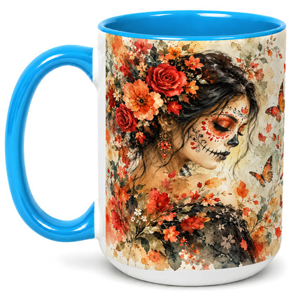 #pl[15oz|Blue] Floral Face Art Coffee Mug, Watercolor Rose Mug, Ceramic Cup
