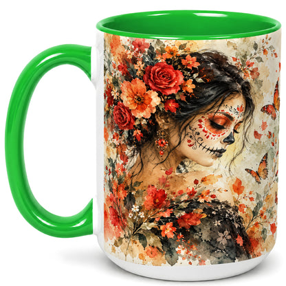 #pl[15oz|Green] Floral Face Art Coffee Mug, Watercolor Rose Mug, Ceramic Cup