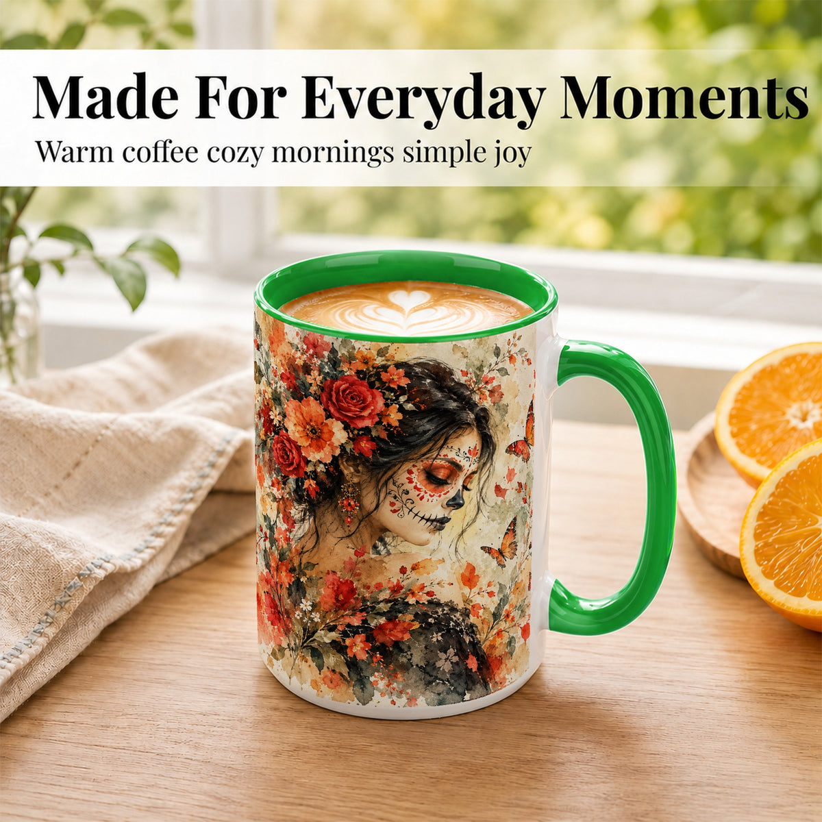 #pl[15oz|Green] Floral Face Art Coffee Mug, Watercolor Rose Mug, Ceramic Cup