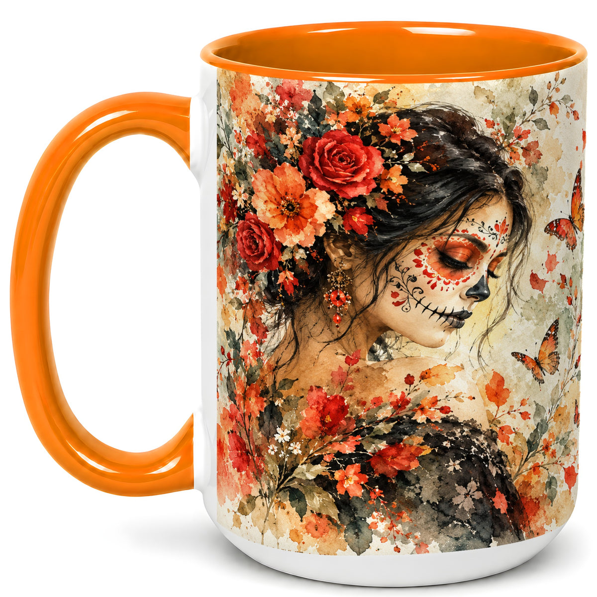 #pl[15oz|Orange] Floral Face Art Coffee Mug, Watercolor Rose Mug, Ceramic Cup