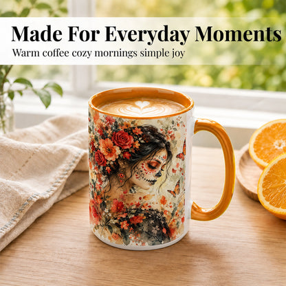 #pl[15oz|Orange] Floral Face Art Coffee Mug, Watercolor Rose Mug, Ceramic Cup