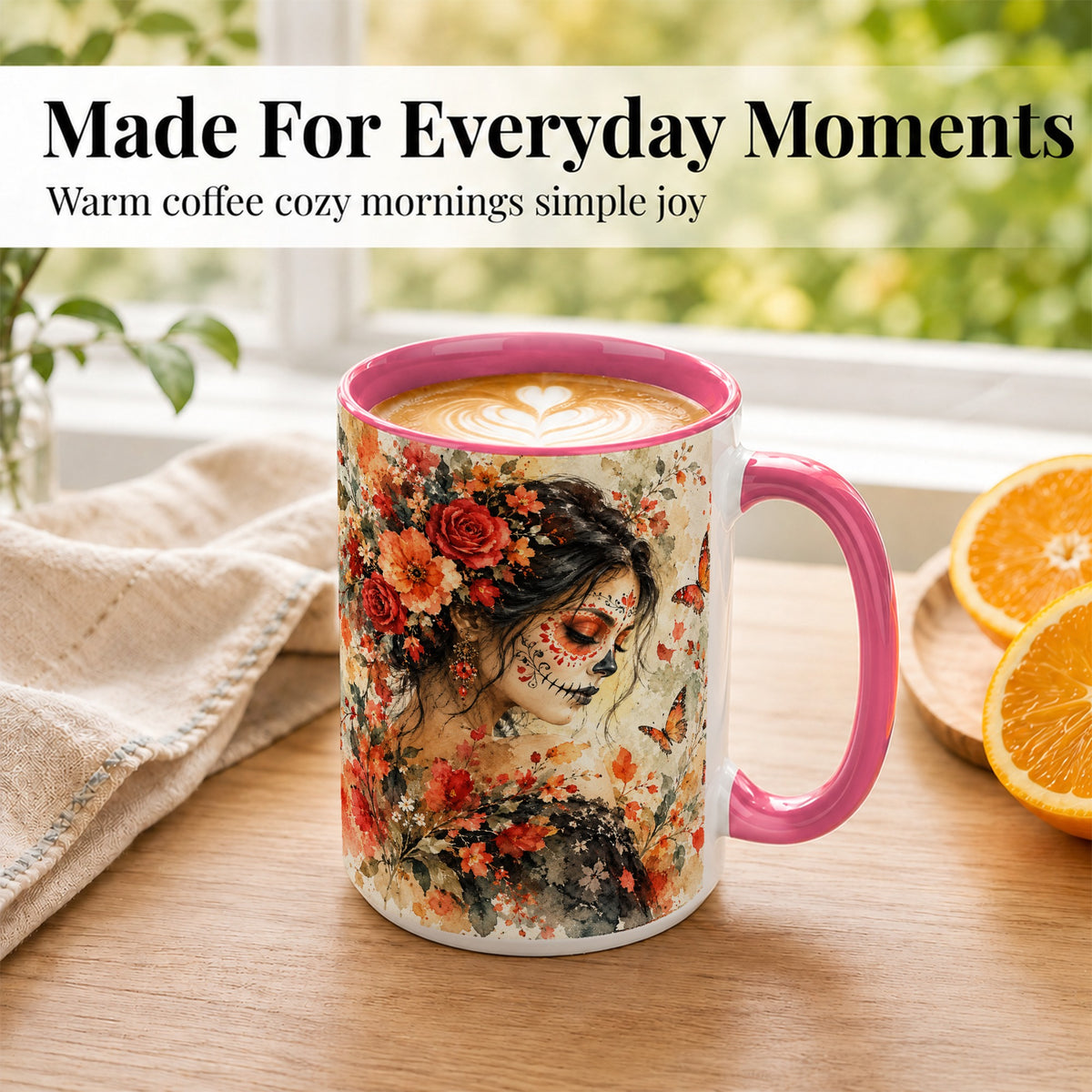 #pl[15oz|Pink] Floral Face Art Coffee Mug, Watercolor Rose Mug, Ceramic Cup