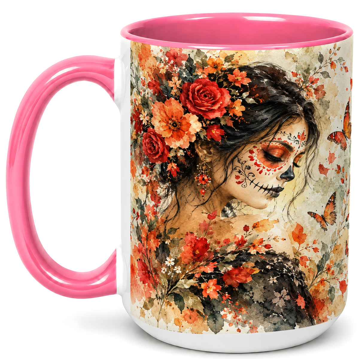 #pl[15oz|Pink] Floral Face Art Coffee Mug, Watercolor Rose Mug, Ceramic Cup