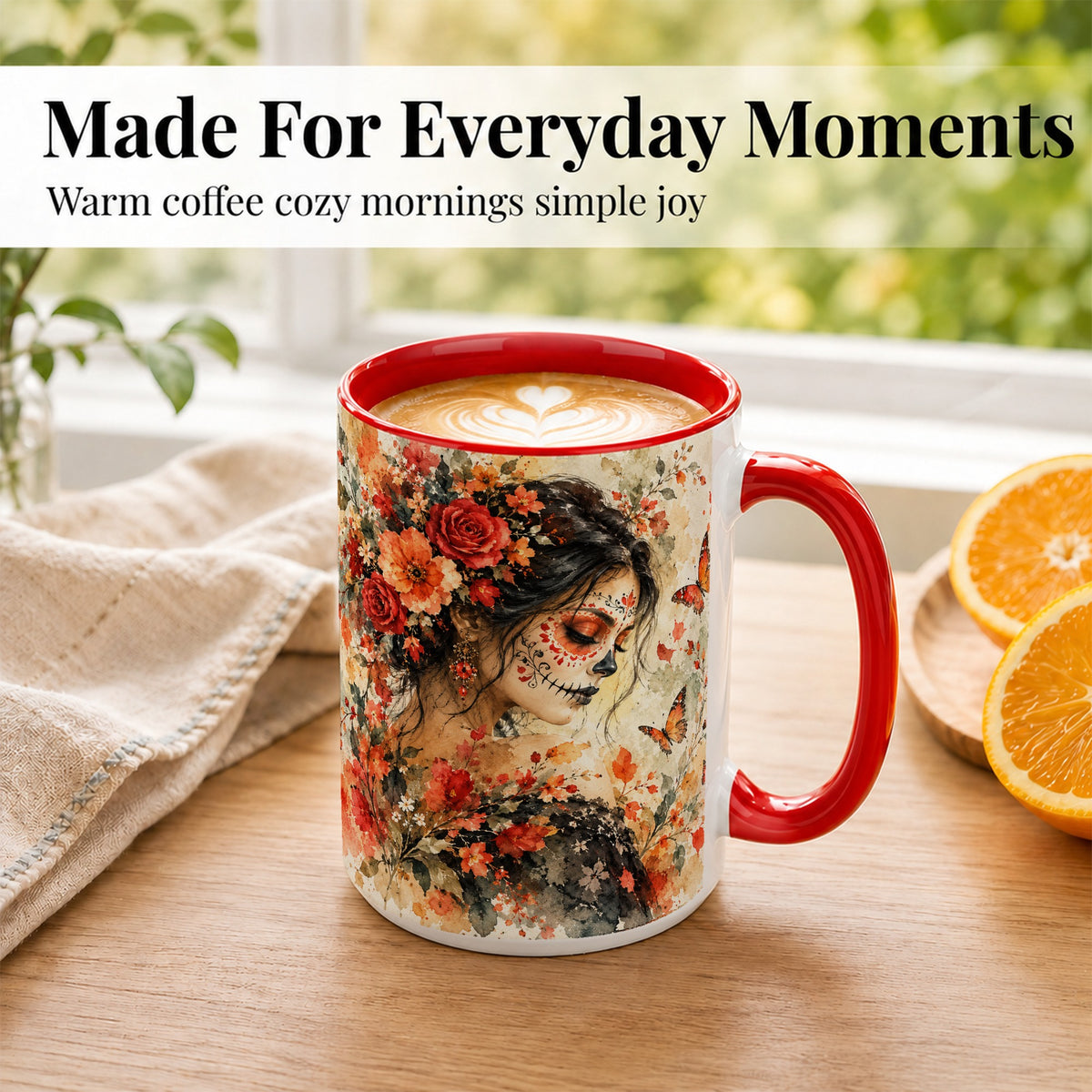 #pl[15oz|Red] Floral Face Art Coffee Mug, Watercolor Rose Mug, Ceramic Cup