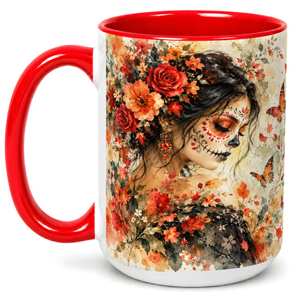 #pl[15oz|Red] Floral Face Art Coffee Mug, Watercolor Rose Mug, Ceramic Cup