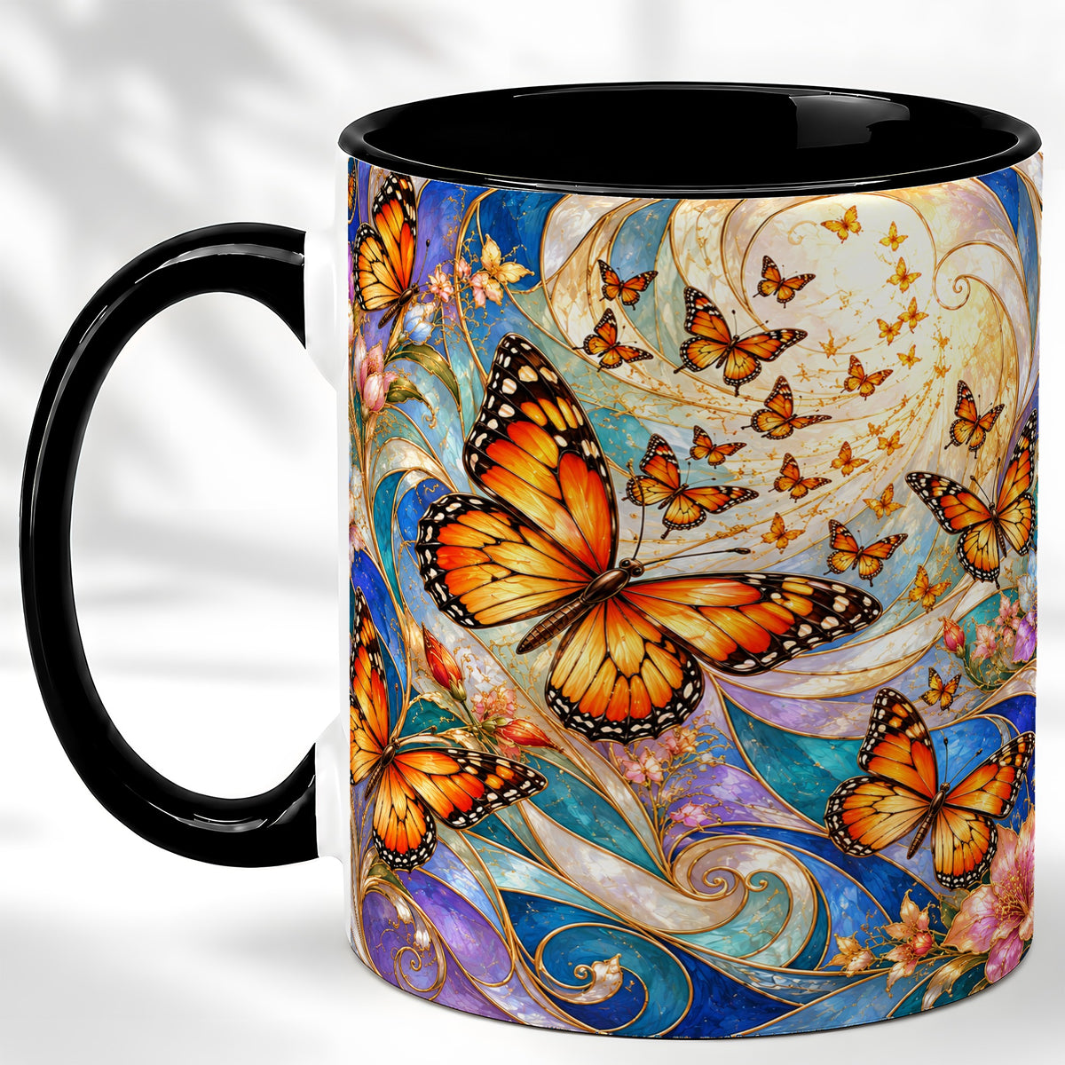 #pl[11oz|Black] Orange Butterfly Coffee Mug, Floral Swirl Mug, Ceramic Cup