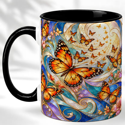 #pl[11oz|Black] Orange Butterfly Coffee Mug, Floral Swirl Mug, Ceramic Cup