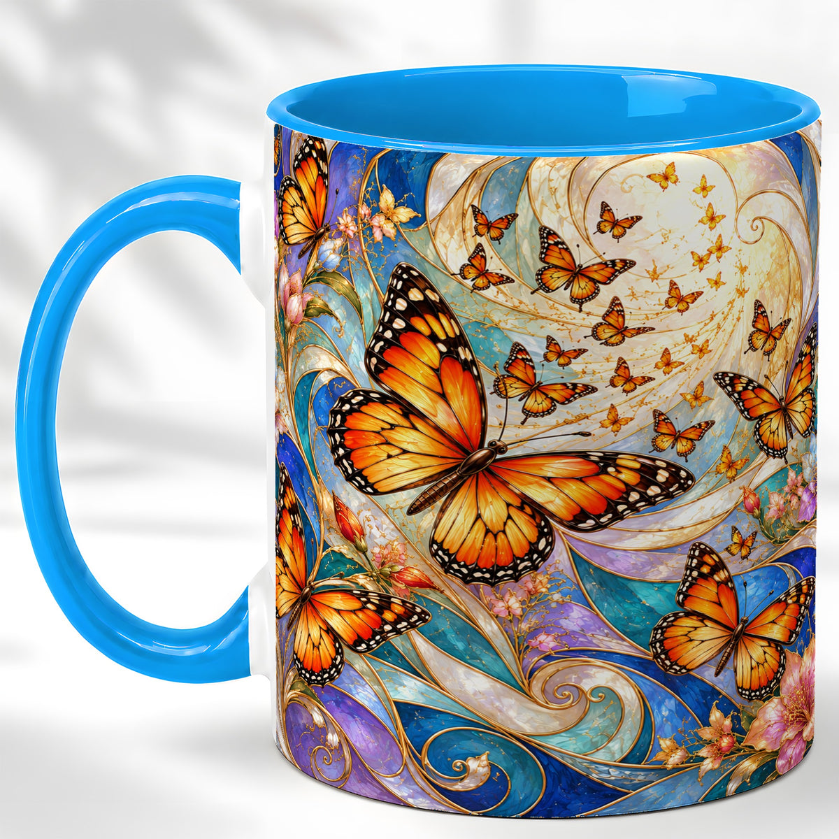 #pl[11oz|Blue] Orange Butterfly Coffee Mug, Floral Swirl Mug, Ceramic Cup