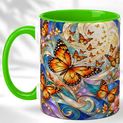 #pl[11oz|Green] Orange Butterfly Coffee Mug, Floral Swirl Mug, Ceramic Cup