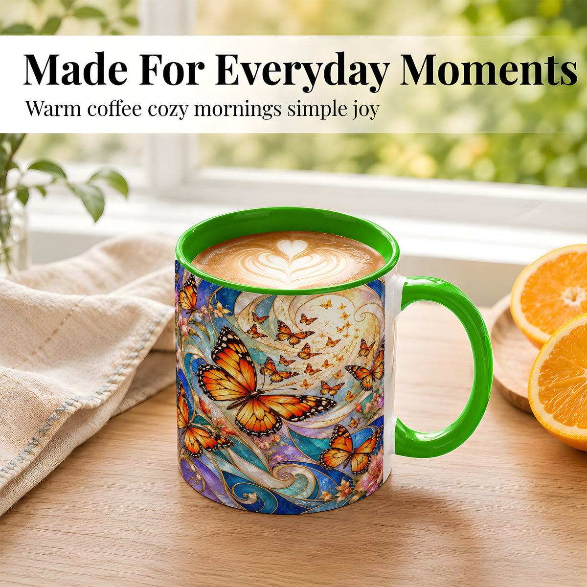 #pl[11oz|Green] Orange Butterfly Coffee Mug, Floral Swirl Mug, Ceramic Cup