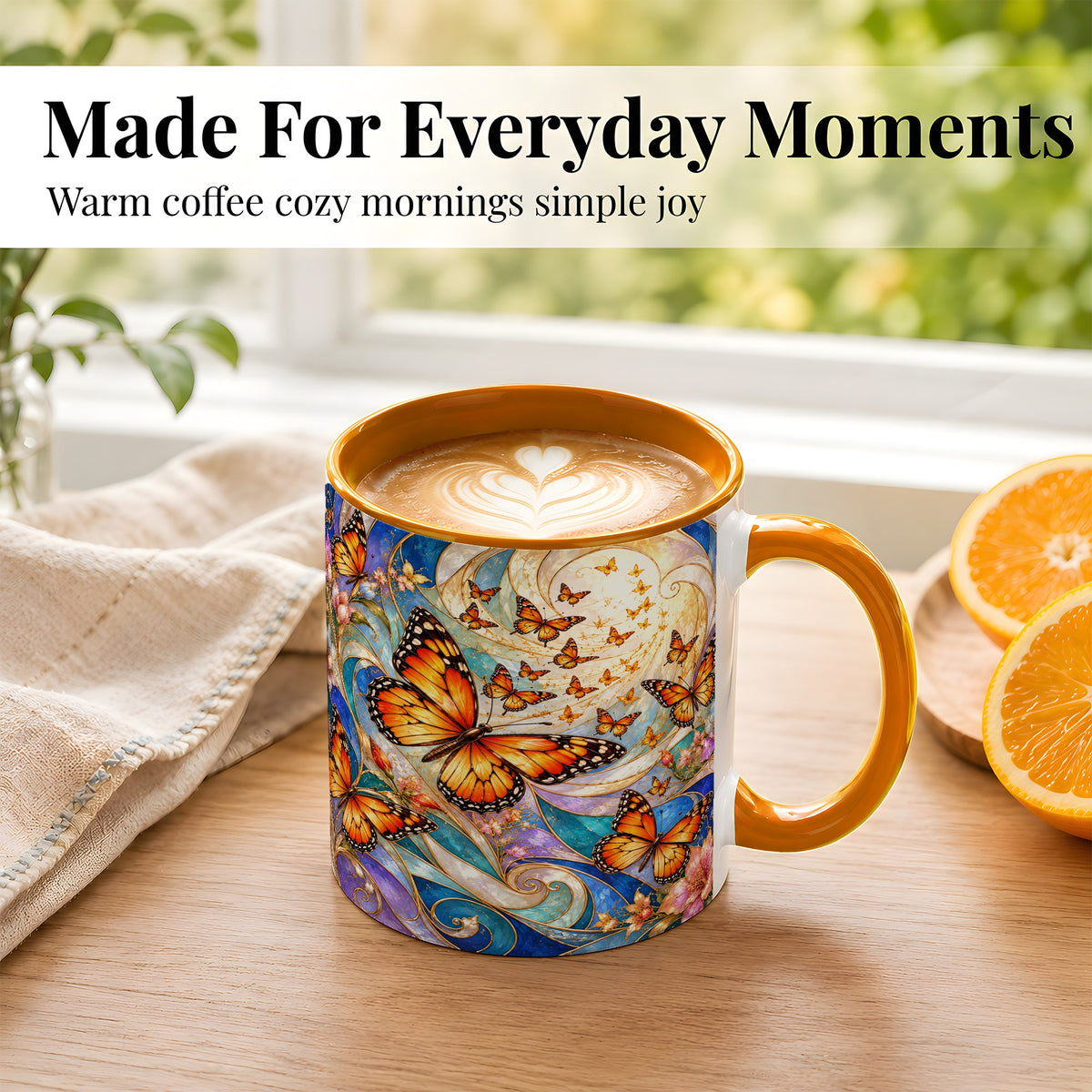 #pl[11oz|Orange] Orange Butterfly Coffee Mug, Floral Swirl Mug, Ceramic Cup