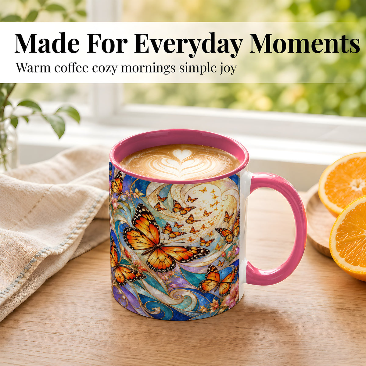 #pl[11oz|Pink] Orange Butterfly Coffee Mug, Floral Swirl Mug, Ceramic Cup