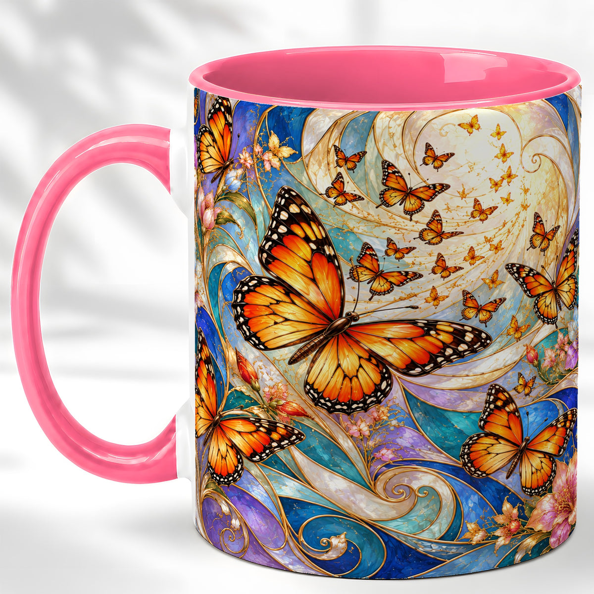 #pl[11oz|Pink] Orange Butterfly Coffee Mug, Floral Swirl Mug, Ceramic Cup