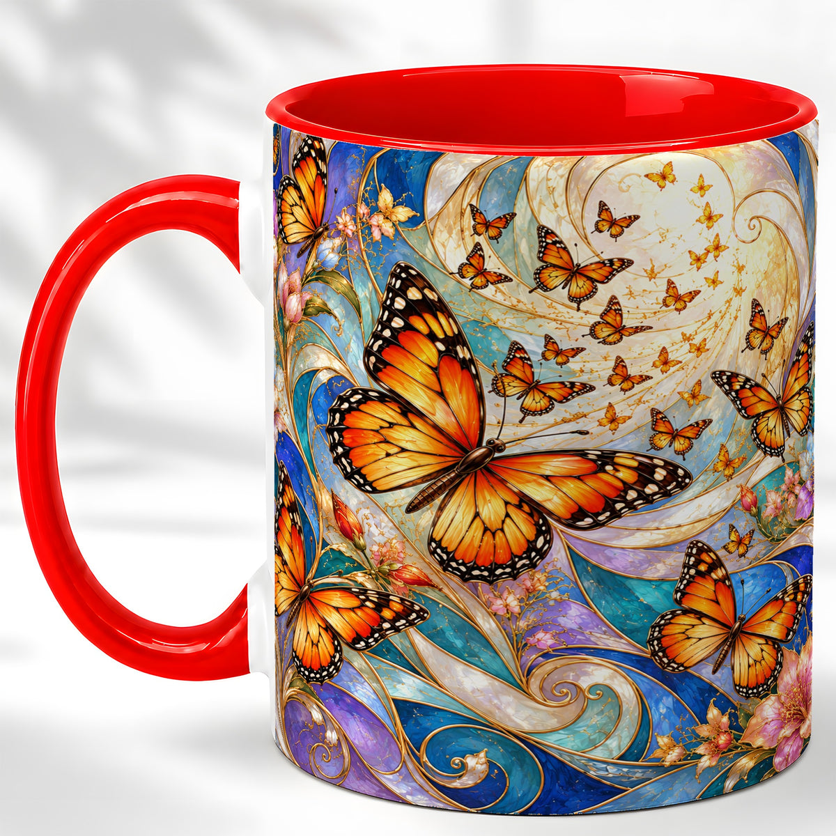 Orange Butterfly Coffee Mug, Floral Swirl Mug, Ceramic Cup