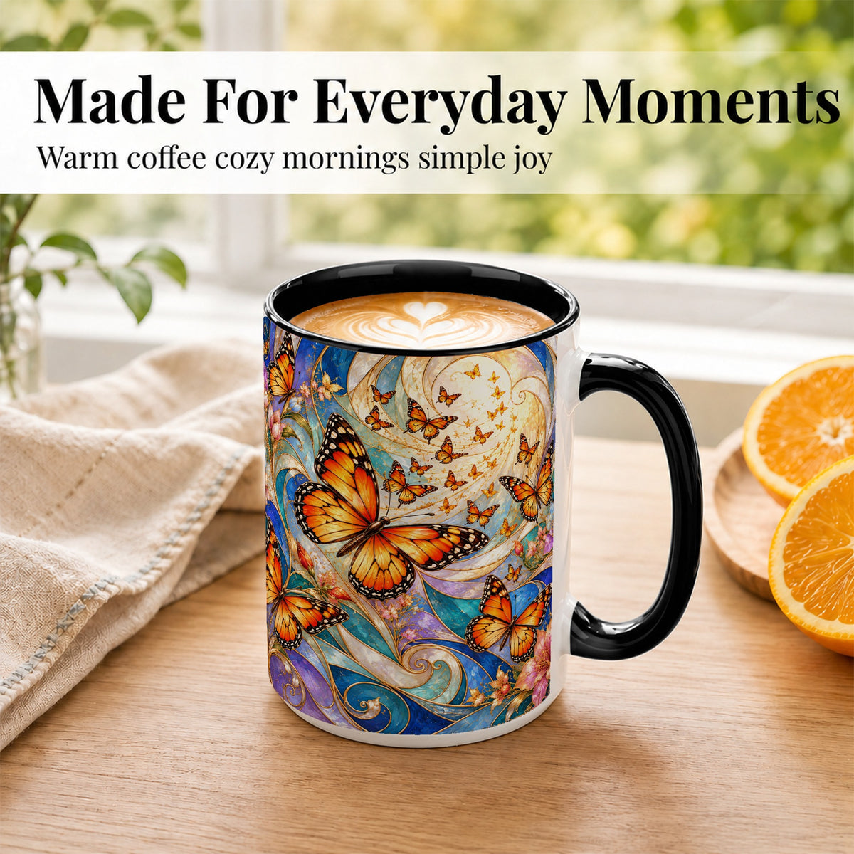 #pl[15oz|Black] Orange Butterfly Coffee Mug, Floral Swirl Mug, Ceramic Cup