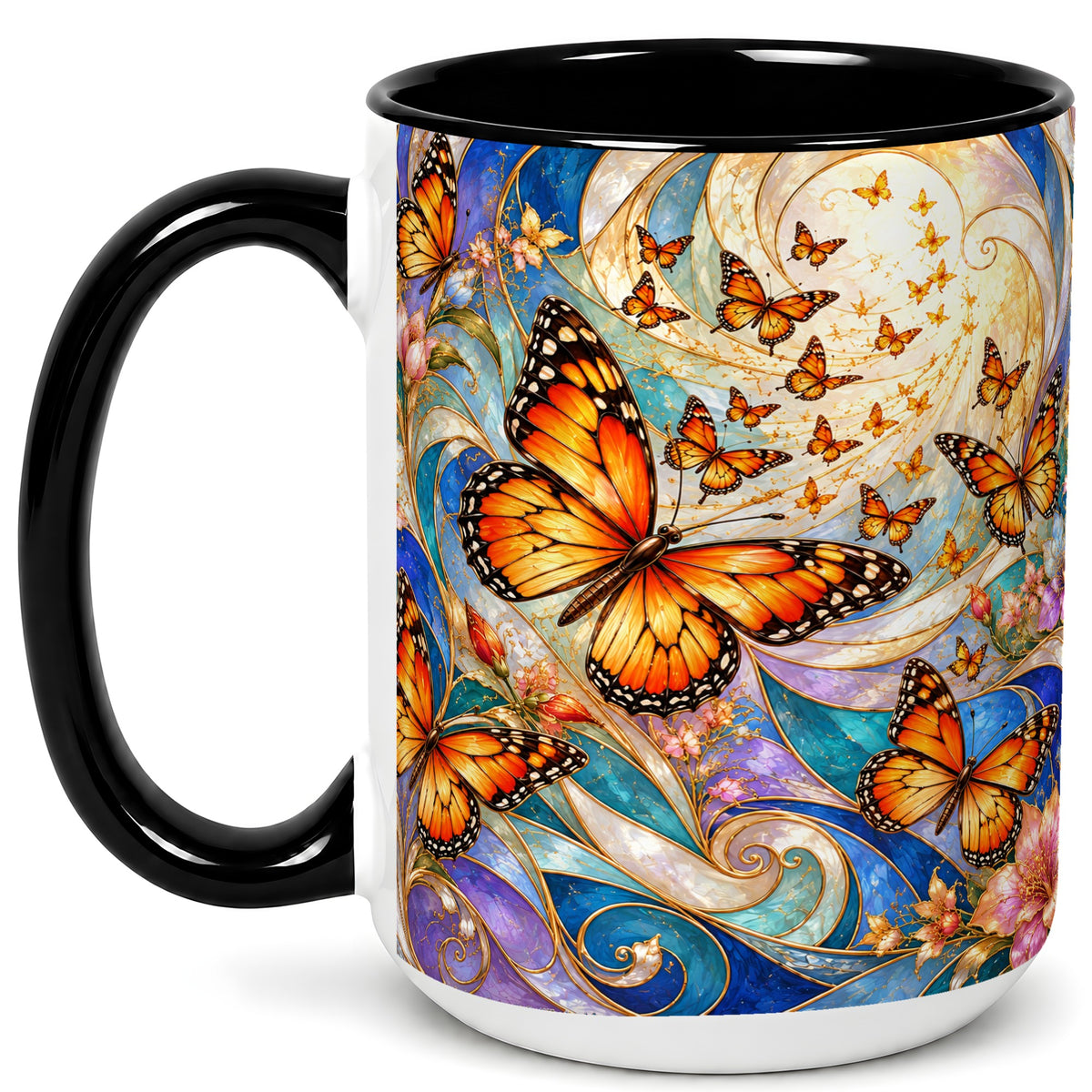 #pl[15oz|Black] Orange Butterfly Coffee Mug, Floral Swirl Mug, Ceramic Cup