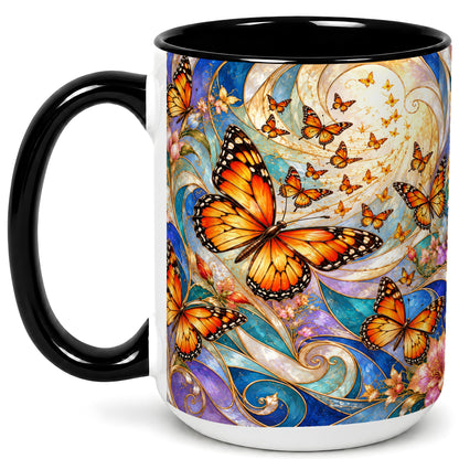 #pl[15oz|Black] Orange Butterfly Coffee Mug, Floral Swirl Mug, Ceramic Cup
