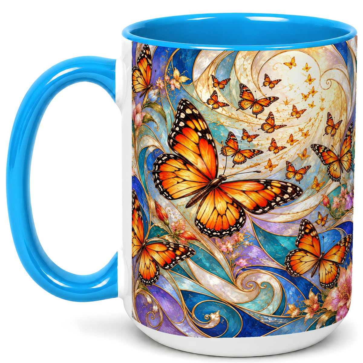 #pl[15oz|Blue] Orange Butterfly Coffee Mug, Floral Swirl Mug, Ceramic Cup