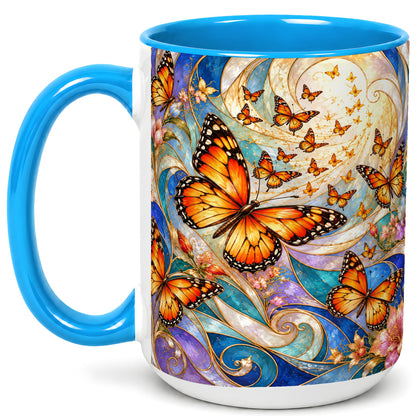 #pl[15oz|Blue] Orange Butterfly Coffee Mug, Floral Swirl Mug, Ceramic Cup