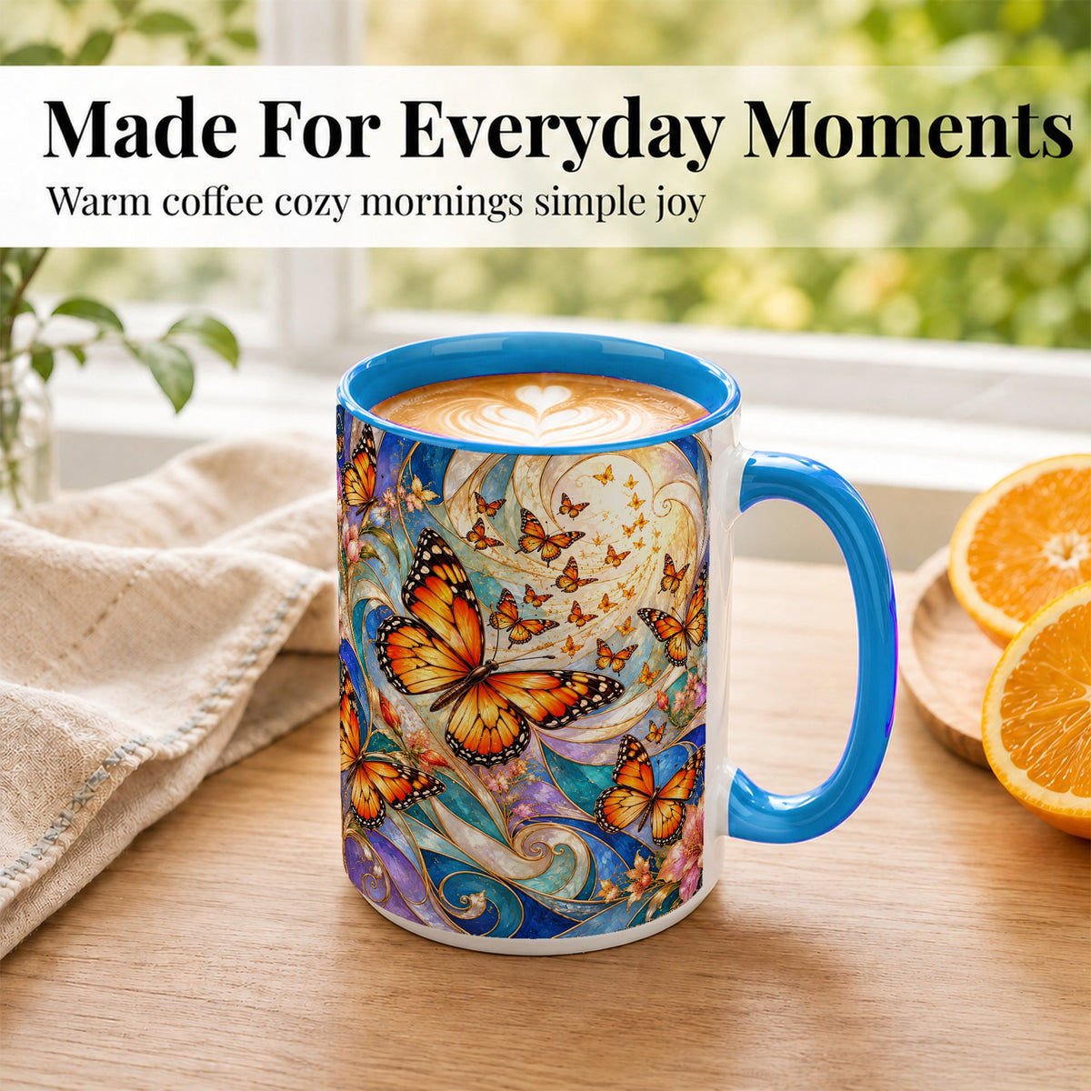 #pl[15oz|Blue] Orange Butterfly Coffee Mug, Floral Swirl Mug, Ceramic Cup