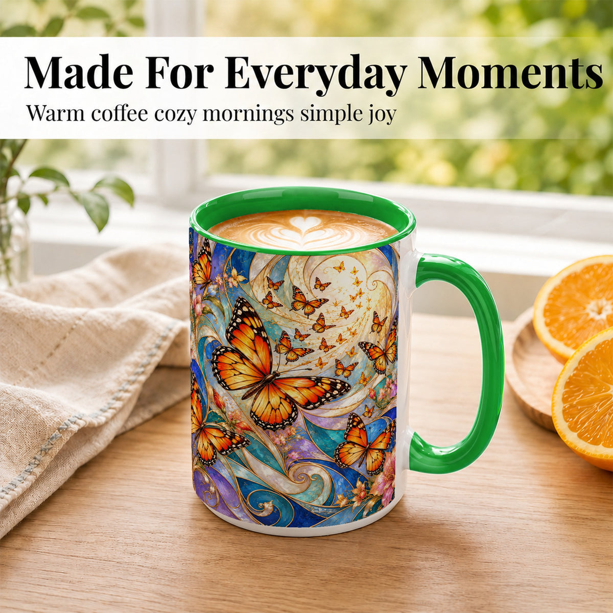 #pl[15oz|Green] Orange Butterfly Coffee Mug, Floral Swirl Mug, Ceramic Cup