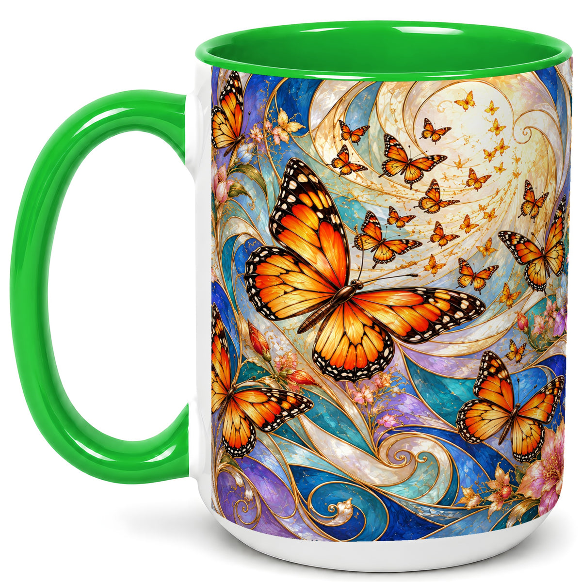 #pl[15oz|Green] Orange Butterfly Coffee Mug, Floral Swirl Mug, Ceramic Cup