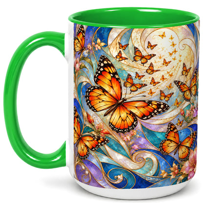 #pl[15oz|Green] Orange Butterfly Coffee Mug, Floral Swirl Mug, Ceramic Cup