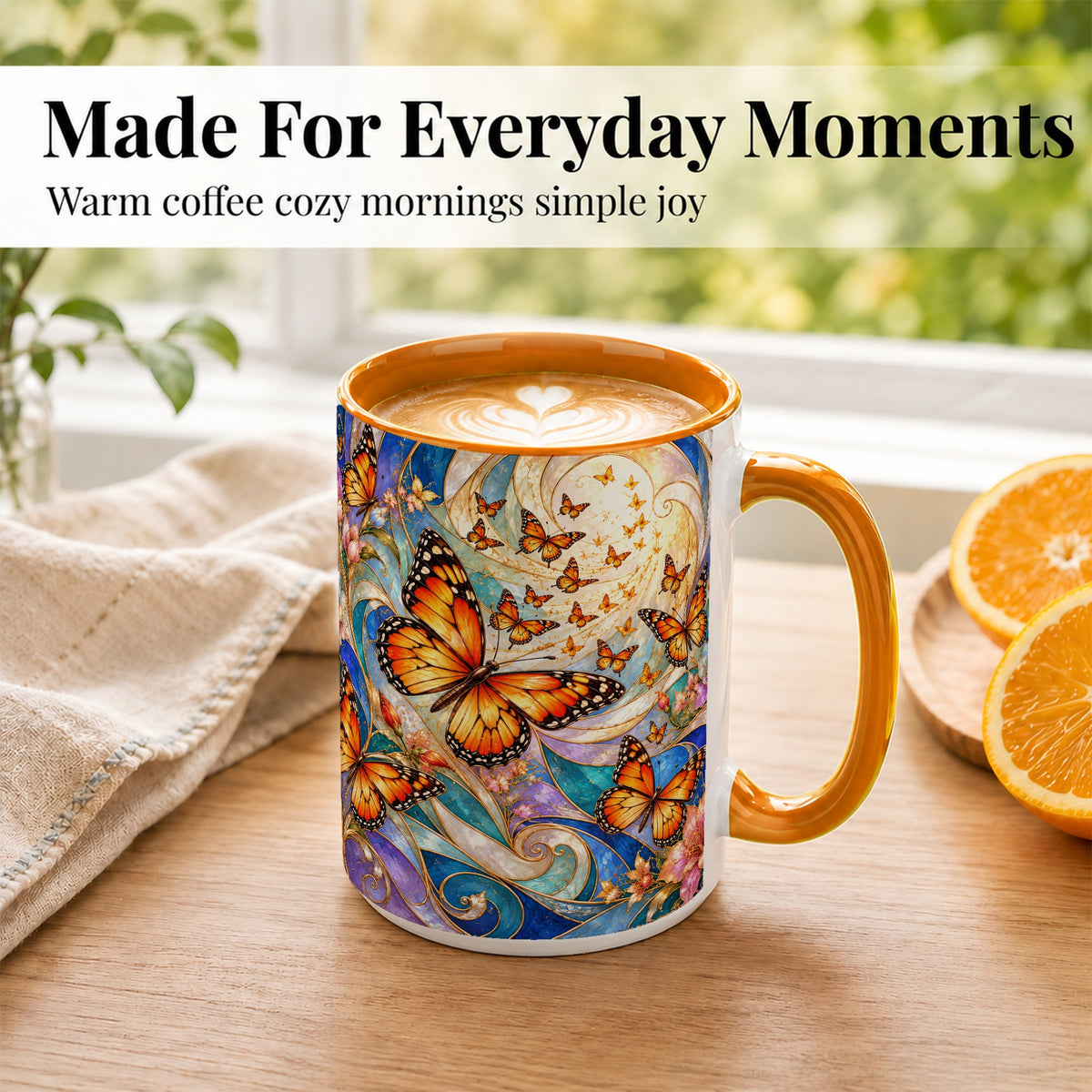 #pl[15oz|Orange] Orange Butterfly Coffee Mug, Floral Swirl Mug, Ceramic Cup